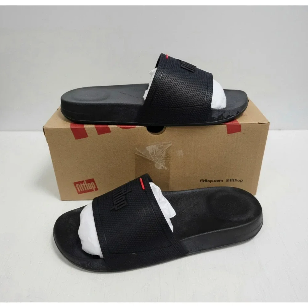 FitFlop iQushion Slides All Black Rubber Sandals DG8-090-050 Mens 7 Womens 9